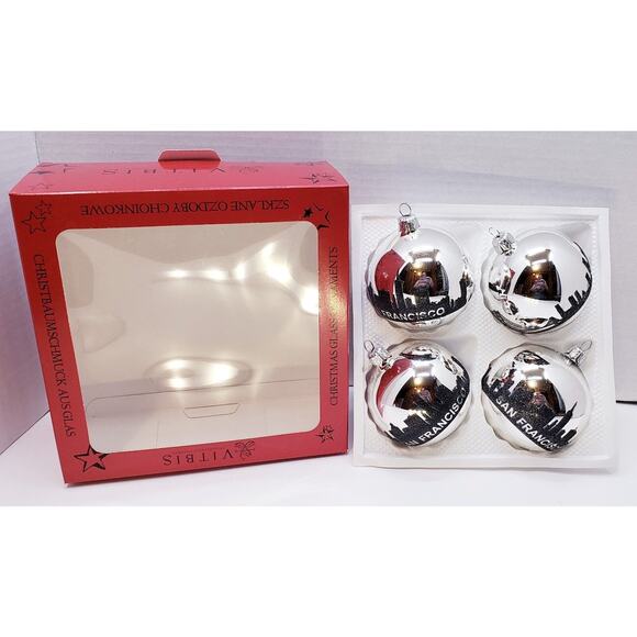 New 4 Pack VITBIS Poland Glass Christmas Ornaments Silver San Francisco Skyline - Picture 1 of 4